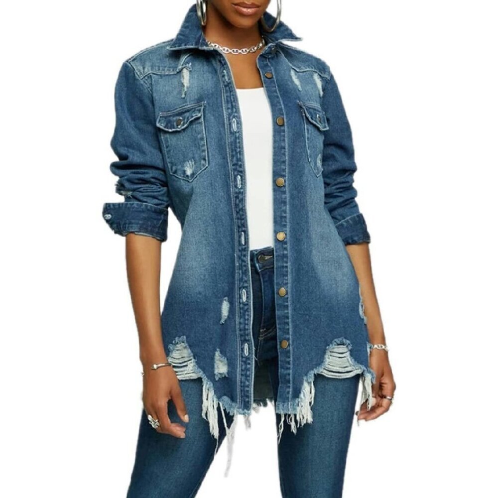 Distressed Denim Jacket Women's Classic Trucker Boyfriend Fit Button Closure